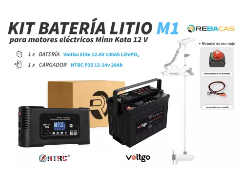 Kit litio motor eléctrico M1 para Minnkota 12V: 1 VoltGo 100Ah + 1 cargador litio 12-24v 20Ah