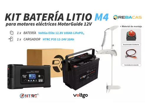 Kit litio motor eléctrico M4 para MotorGuide 12V: 1 VoltGo 100Ah + 1 cargador litio 12-24v 20Ah