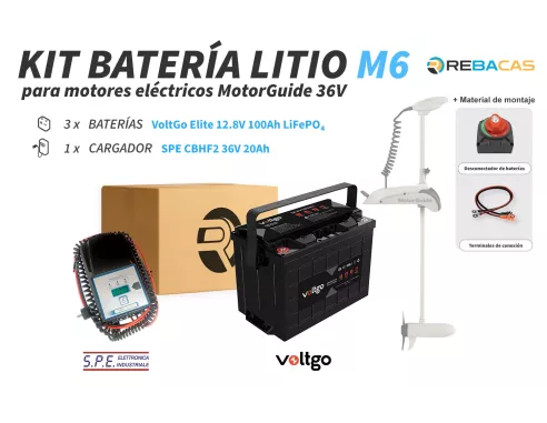 Kit litio motor eléctrico M6 para MotorGuide 36V: 3 VoltGo 100Ah + 1 cargador litio 36v 20Ah