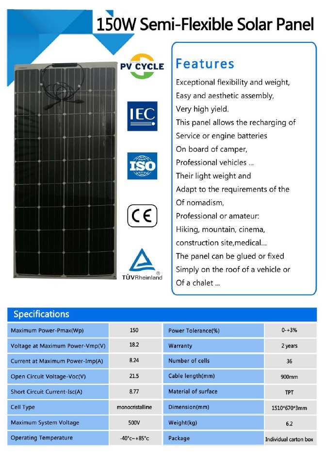 Panel Solar Flexible 150w 12 voltios